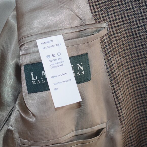Lauren Ralph Lauren Brown Checked Wool Silk Men 2 Button Sport Coat Size 46R - Picture 3 of 7